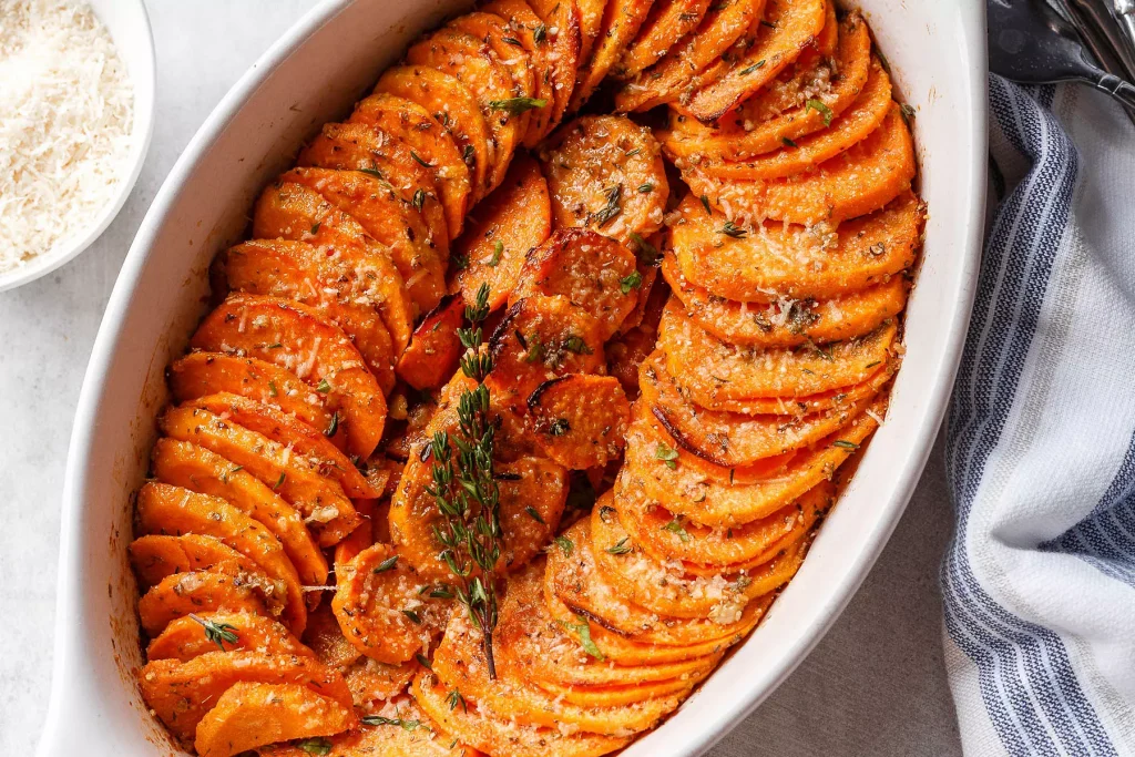 sweet potatoes perfectly arranged in a eliptical bowl