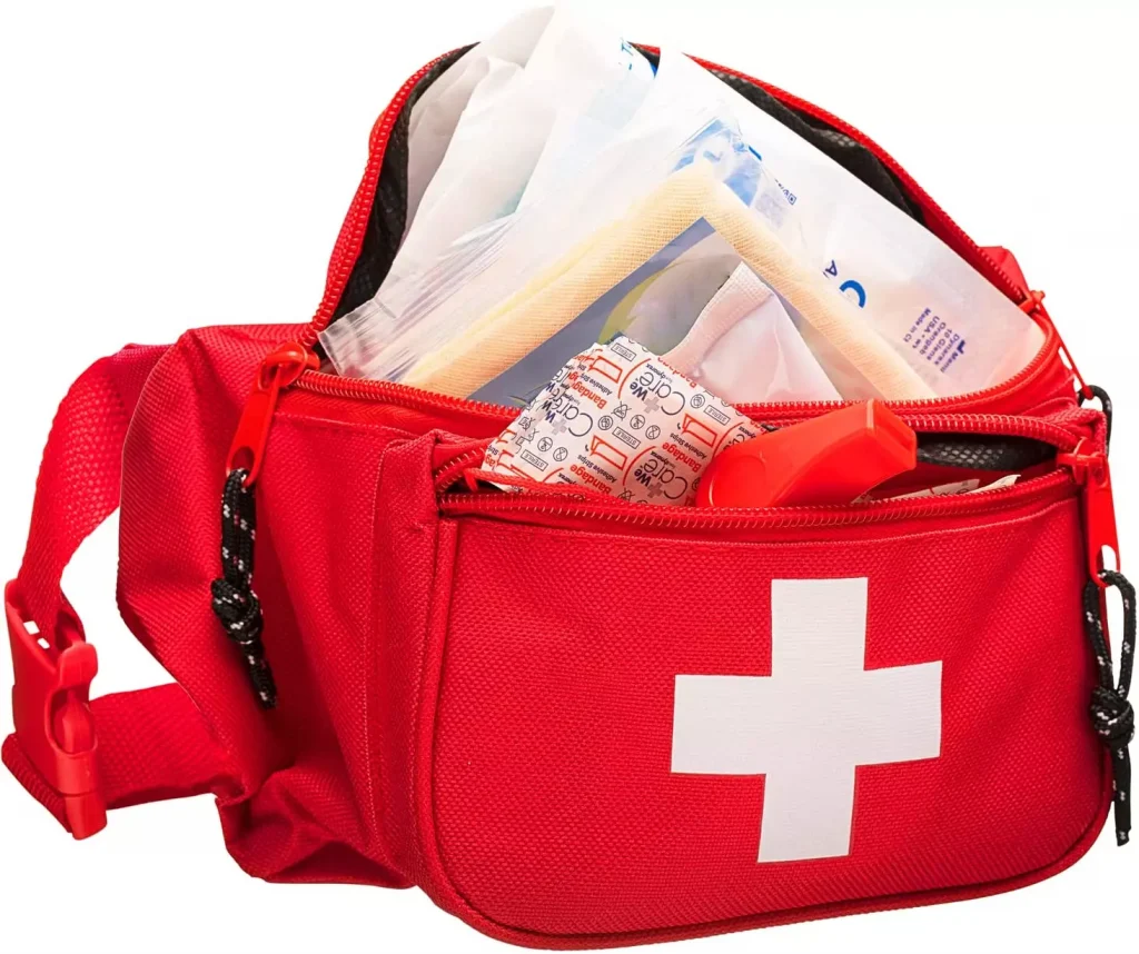 a red bag with a white cross on it 