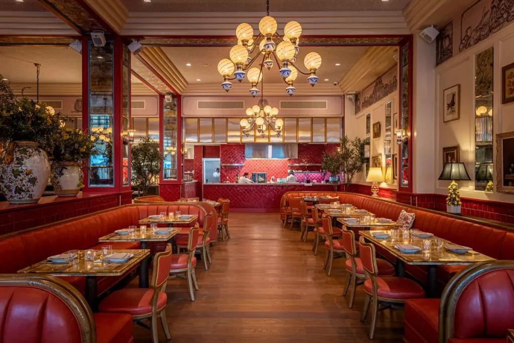 red tables and chairs in a restaurant