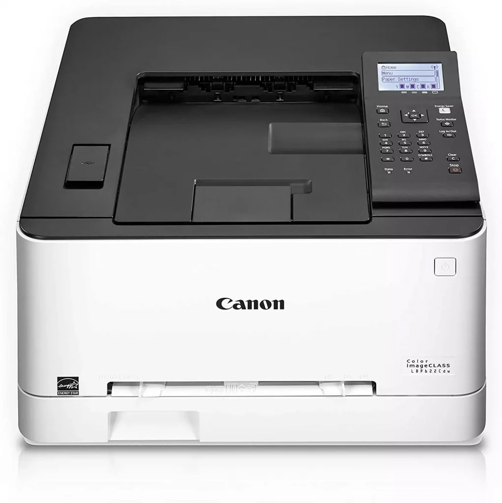 a white color printer with a display and buttons below it