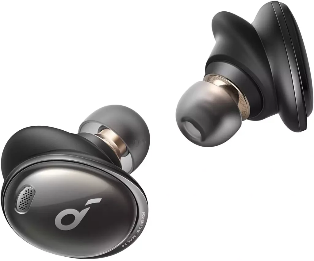 two silver and black color ear buds