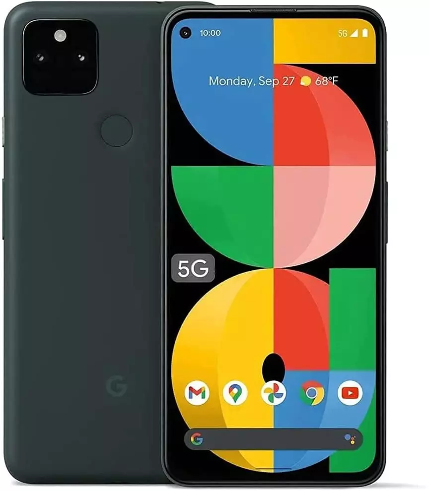 a grey phone with a rainbow background photographed from the back and the front