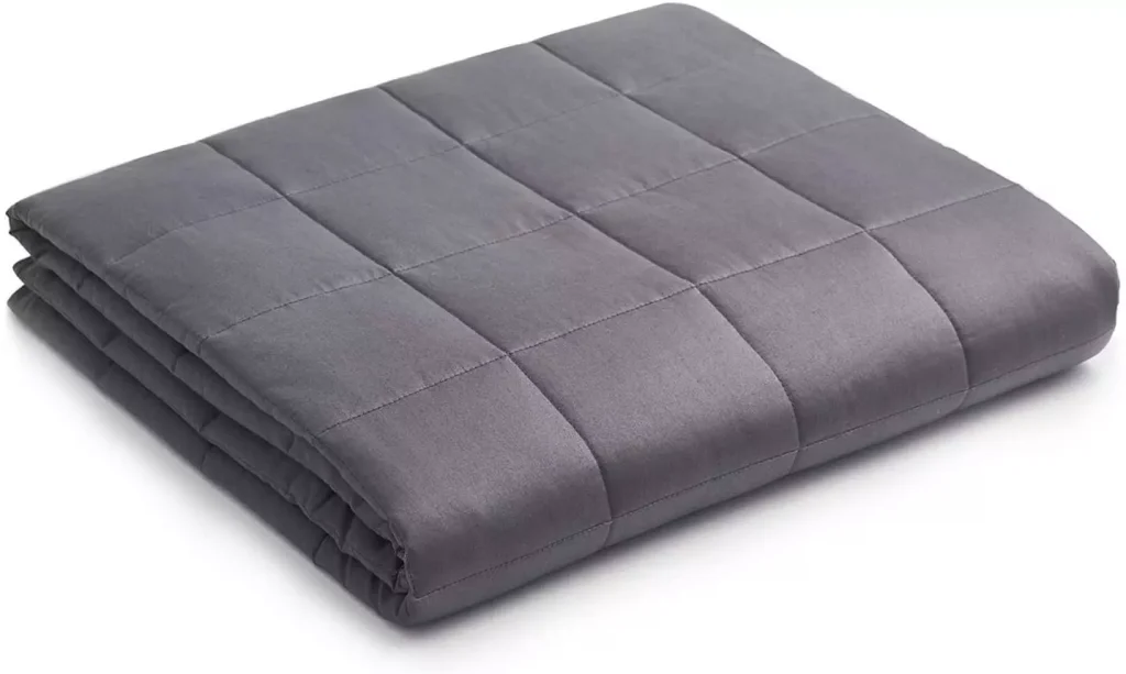 a folded gray blanket