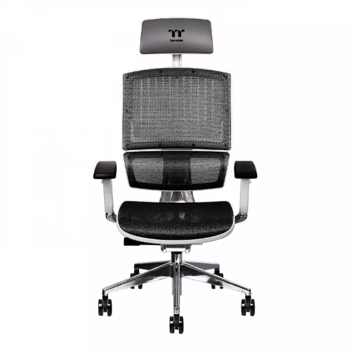 a white and black color office chair with armrests