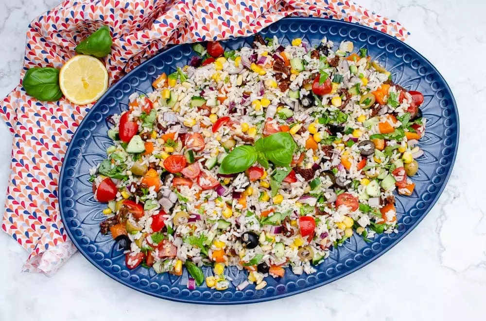 a blue bowl full of rice