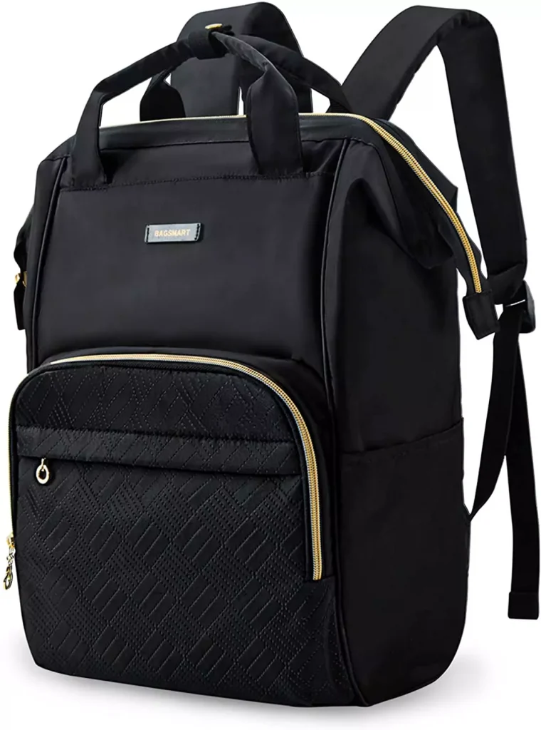 a black color backpack with gold details