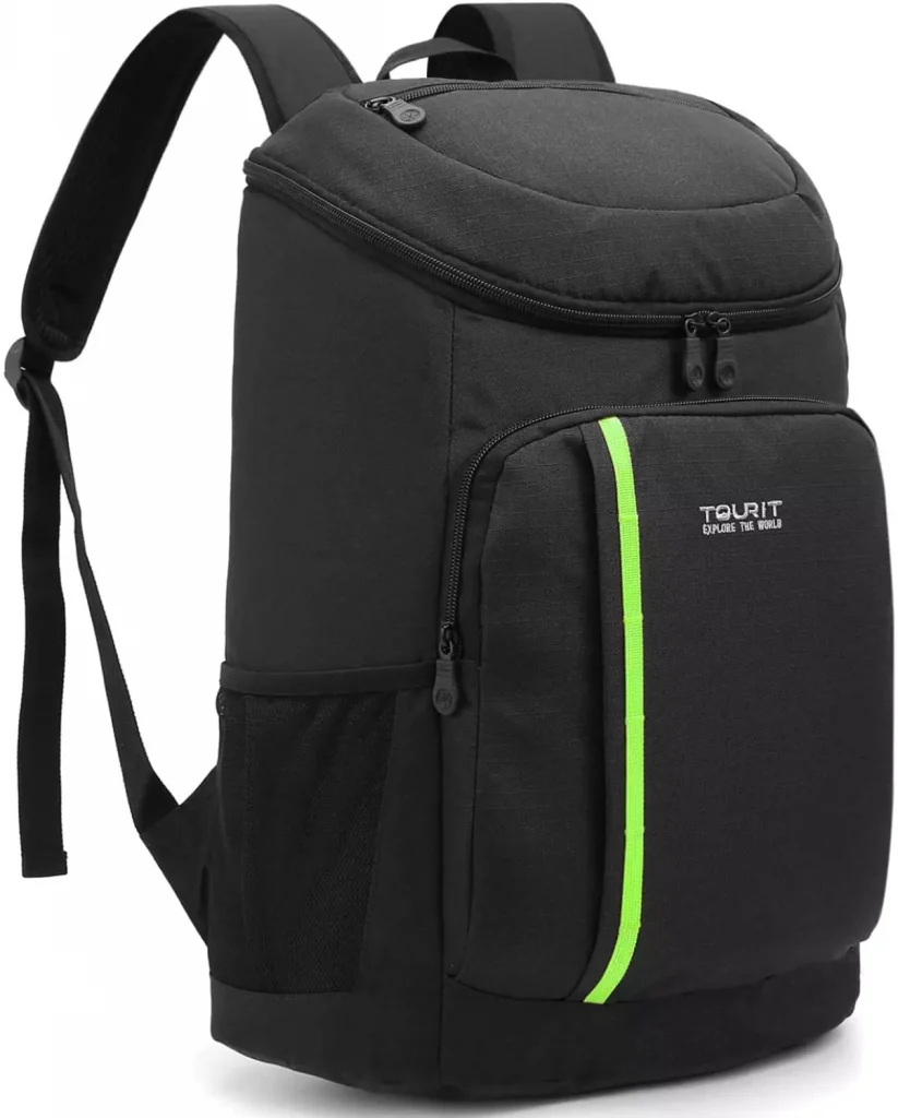 a black color backpack with green details