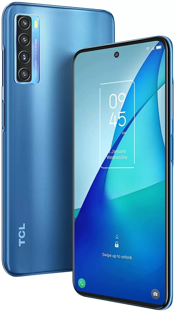 a blue phone photographed from the back and from the front