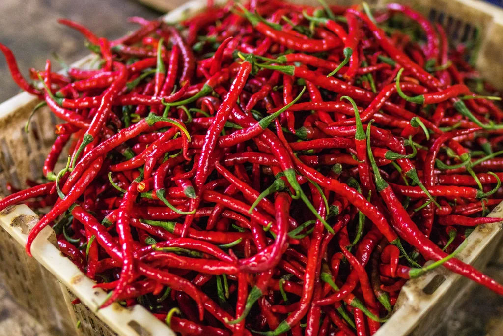 red peppers organied in a wooden box