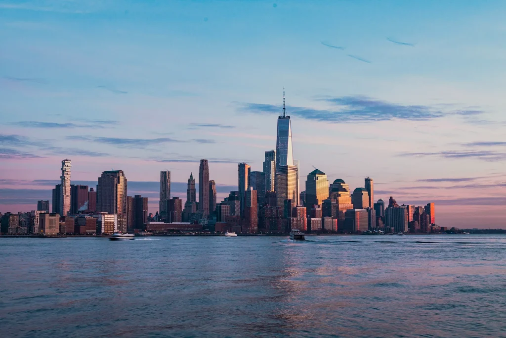 a city photographed from a boat on the river