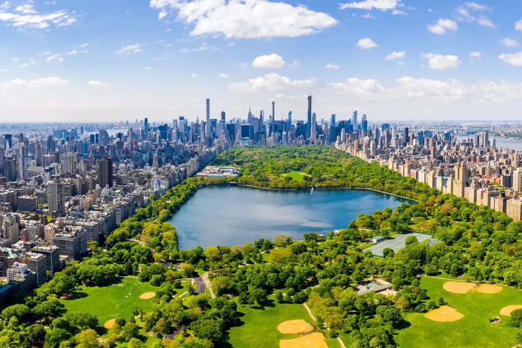 a lake in the middle of a park in a city