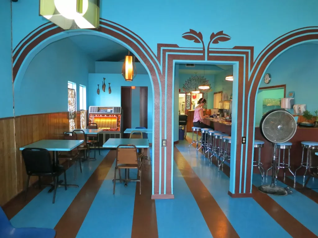 blue walls in a restaurant photographed in daylight