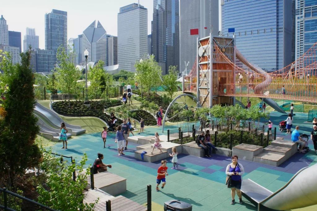 a water amusement park in the middle of a city