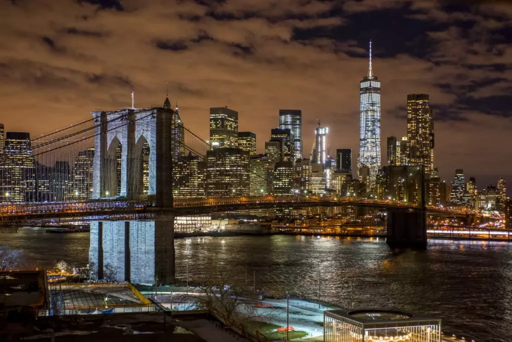 a bridge photographed at night