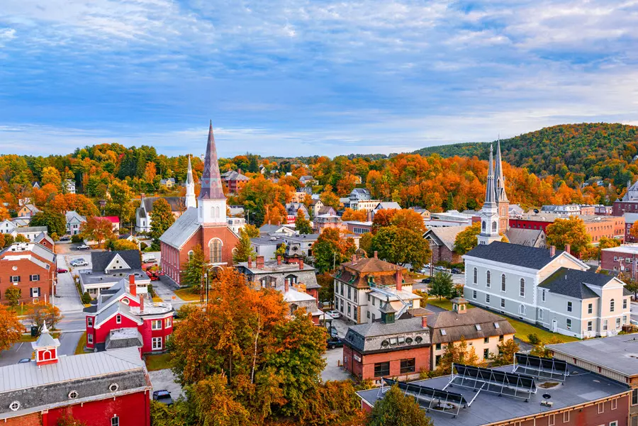 a small town photographed in fall