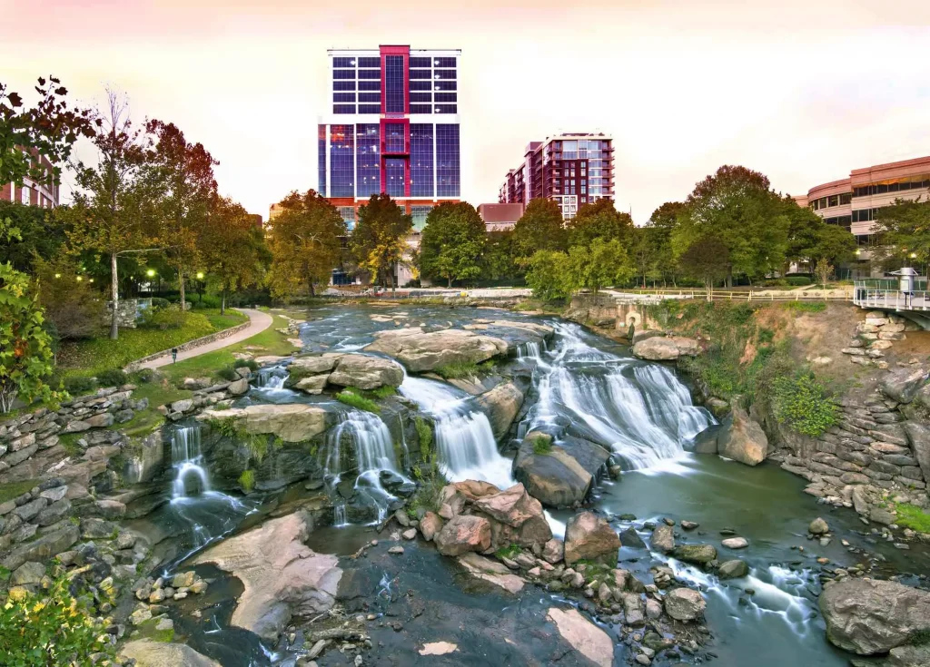 small waterfalls in a city river