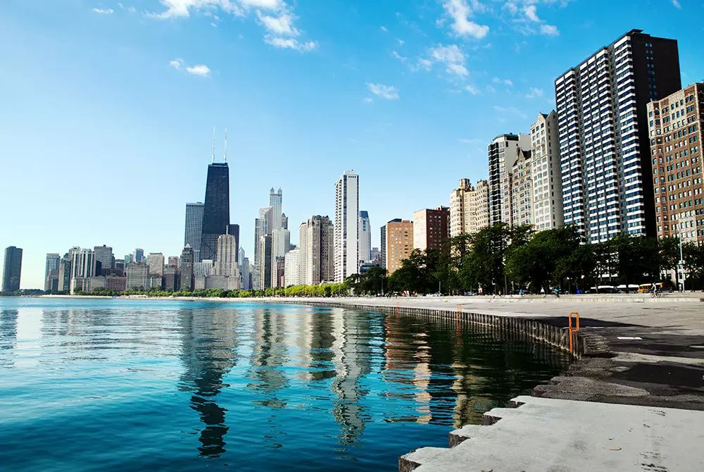 a river near skyscrapers