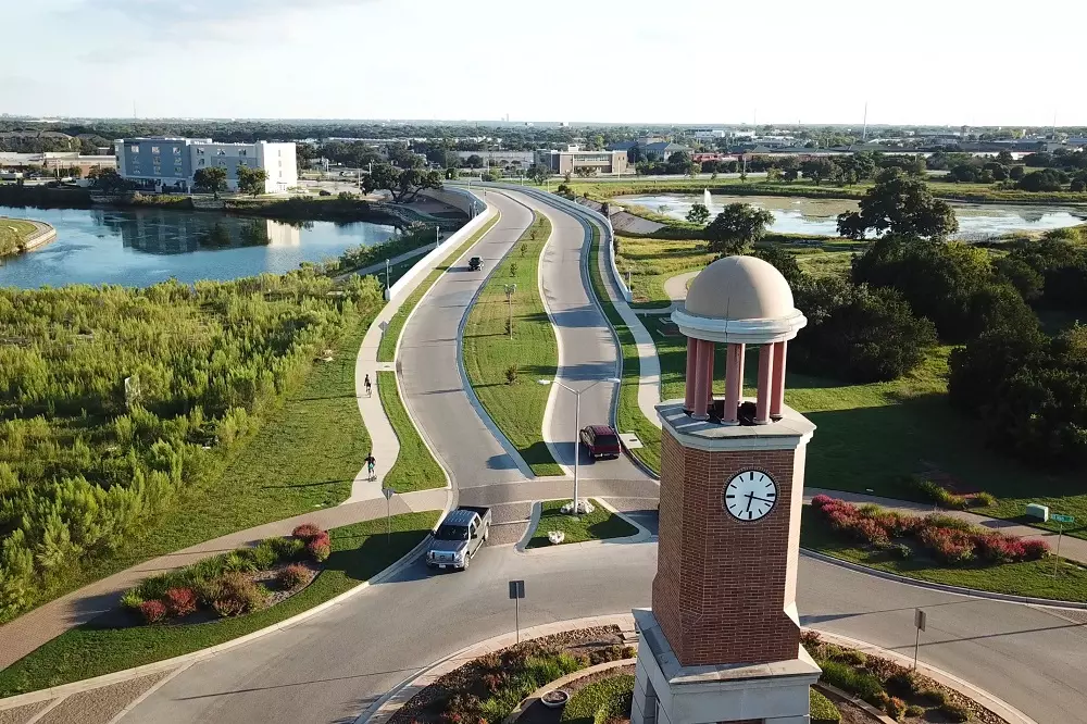 a small city with a big tower clock