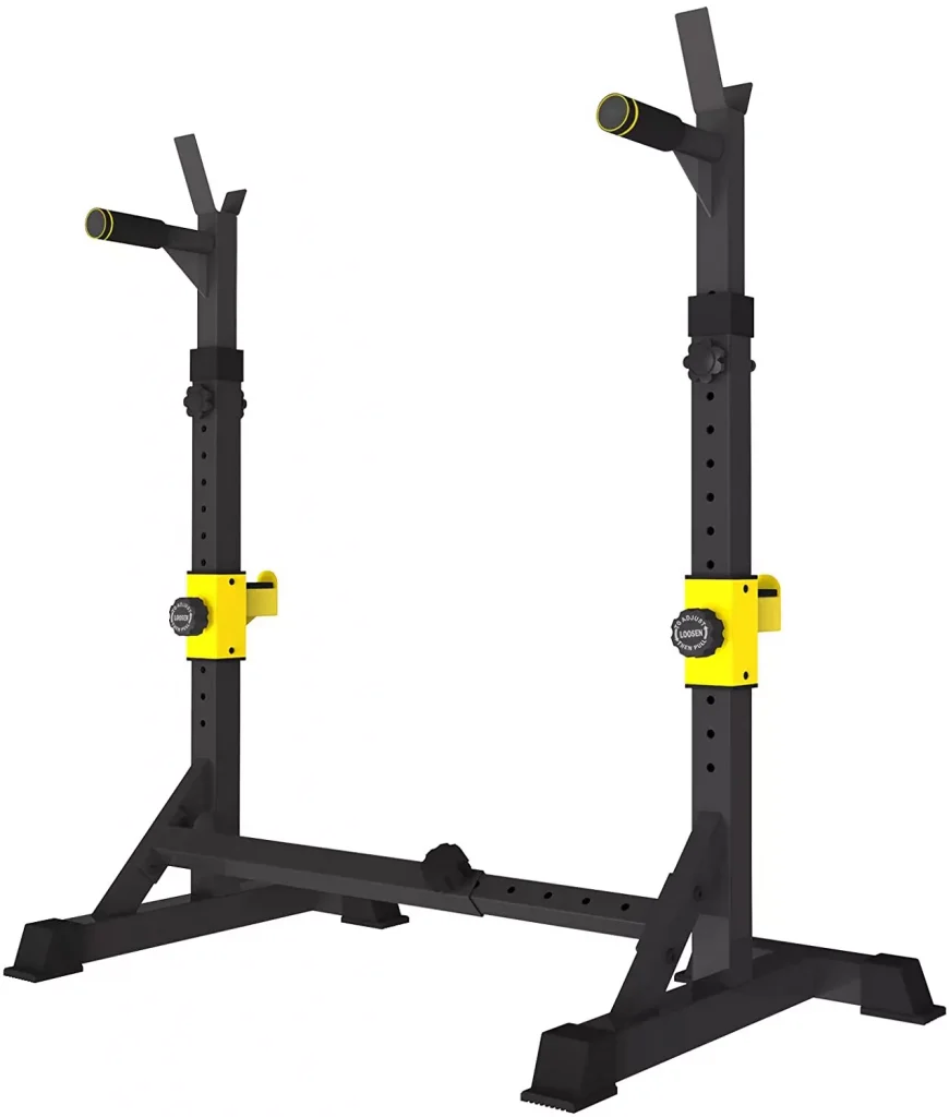 squat rack in gym with yellow details