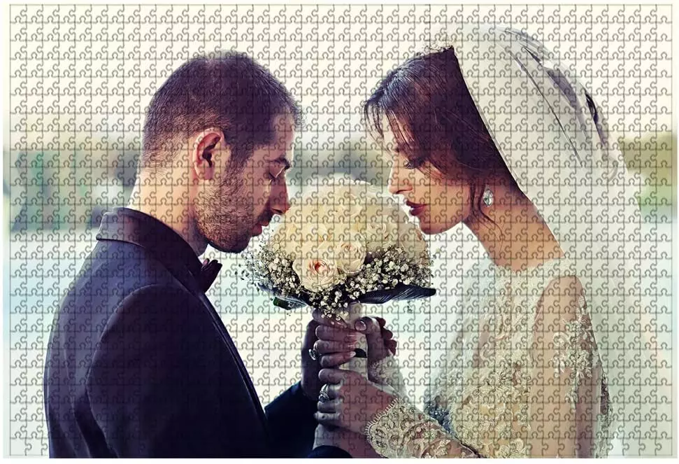 a puzzle of a weeding photo