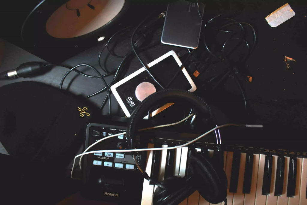 headphones and a lot of instruments in one place