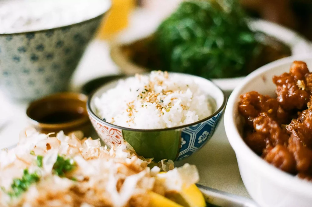 a blue bowl full of rice