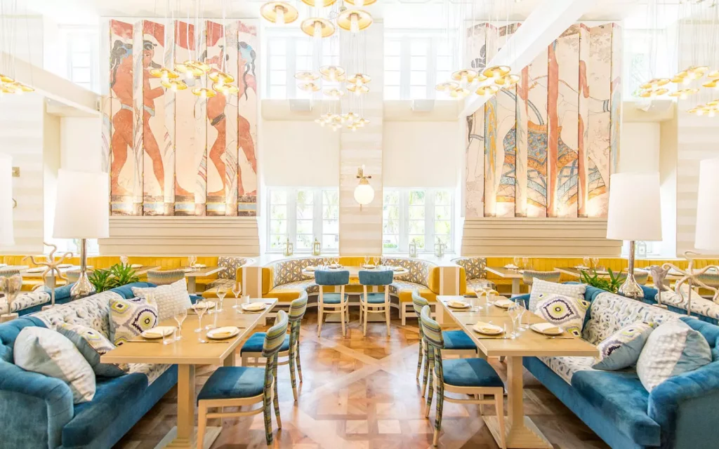 interior in a restaurant with blue furniture