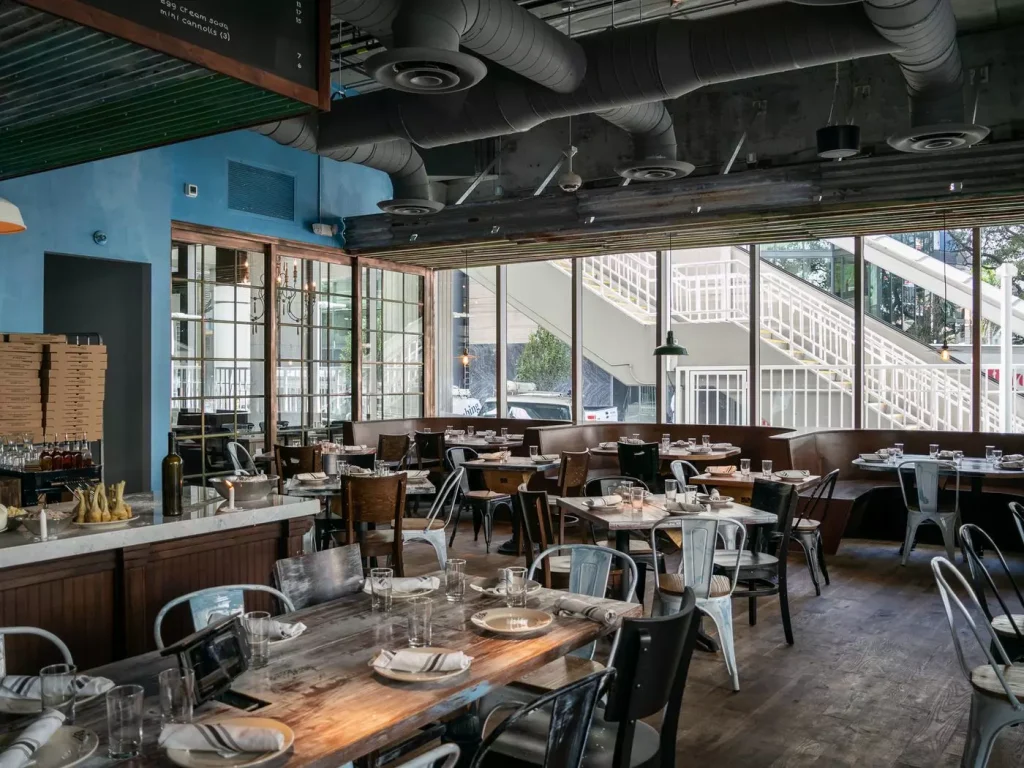 a restaurant photographed from inside